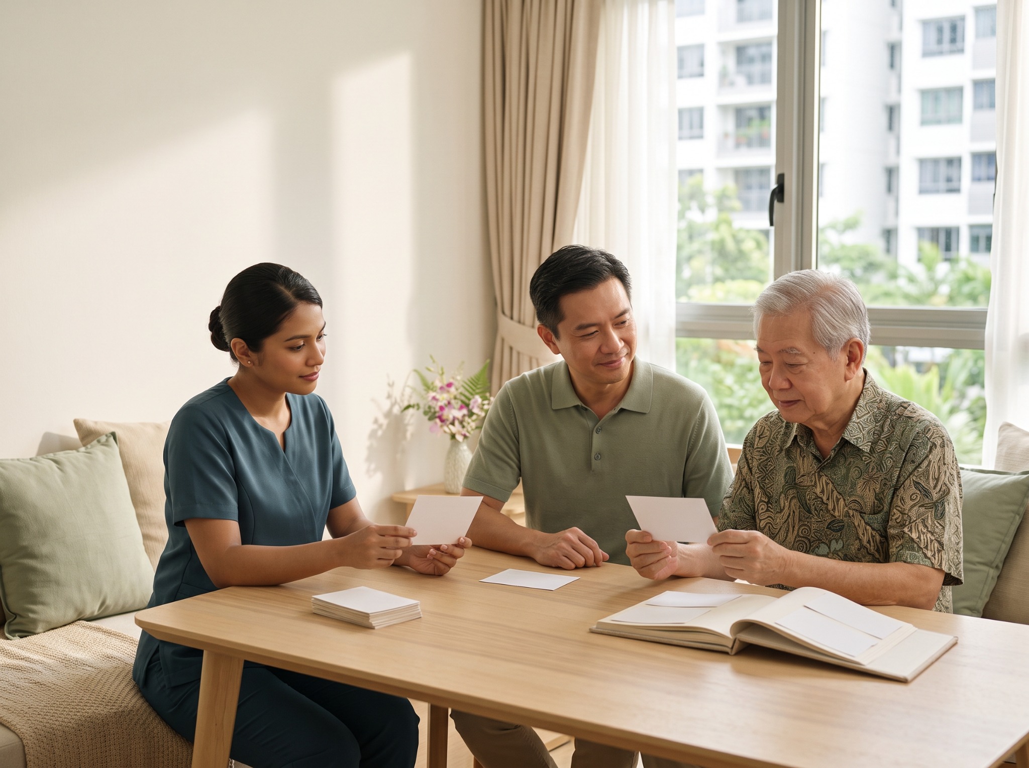 A Malay grandfather and his grandson sorting family photos together