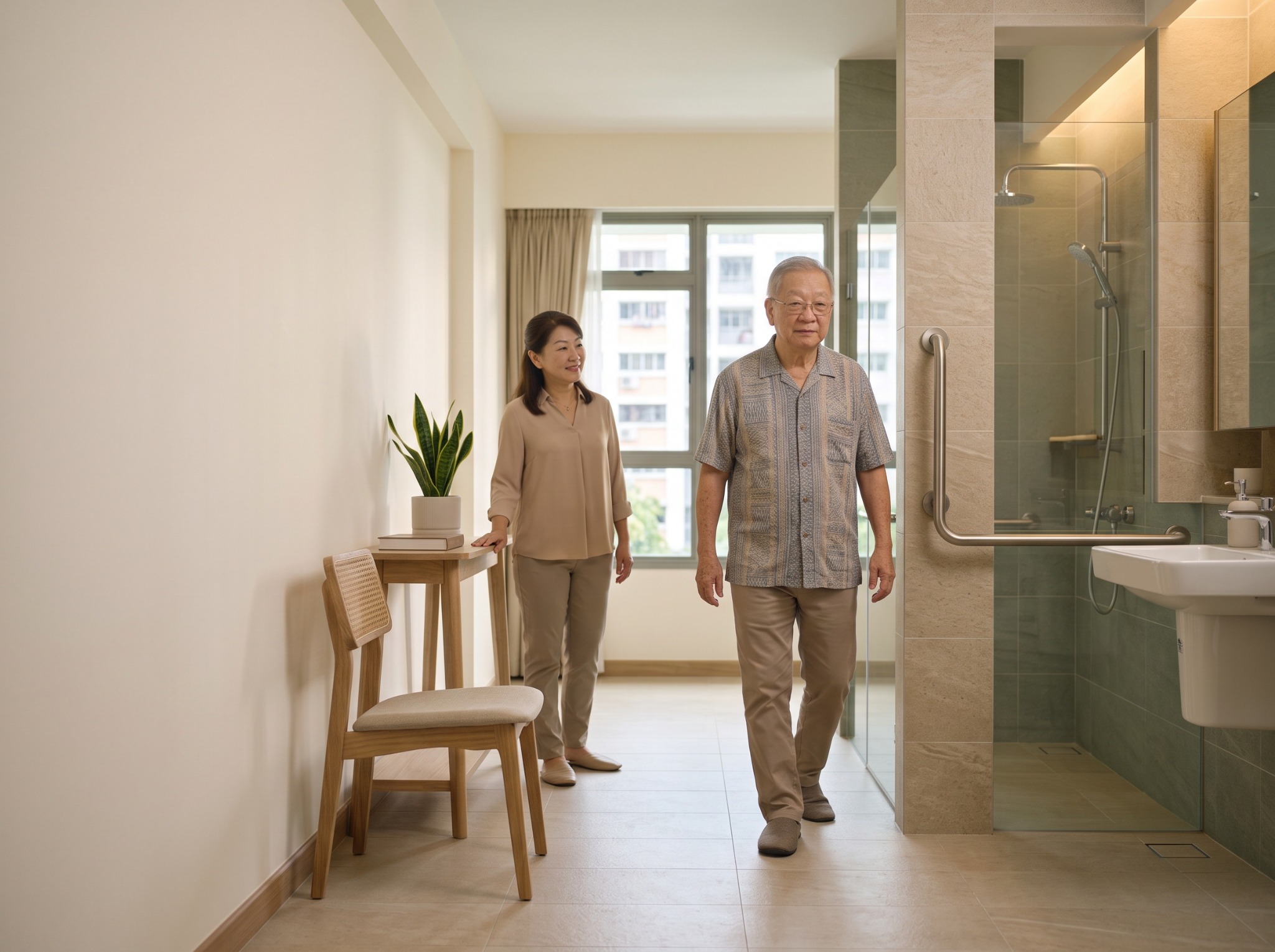 A bright HDB bathroom fitted with grab bars and a shower seat