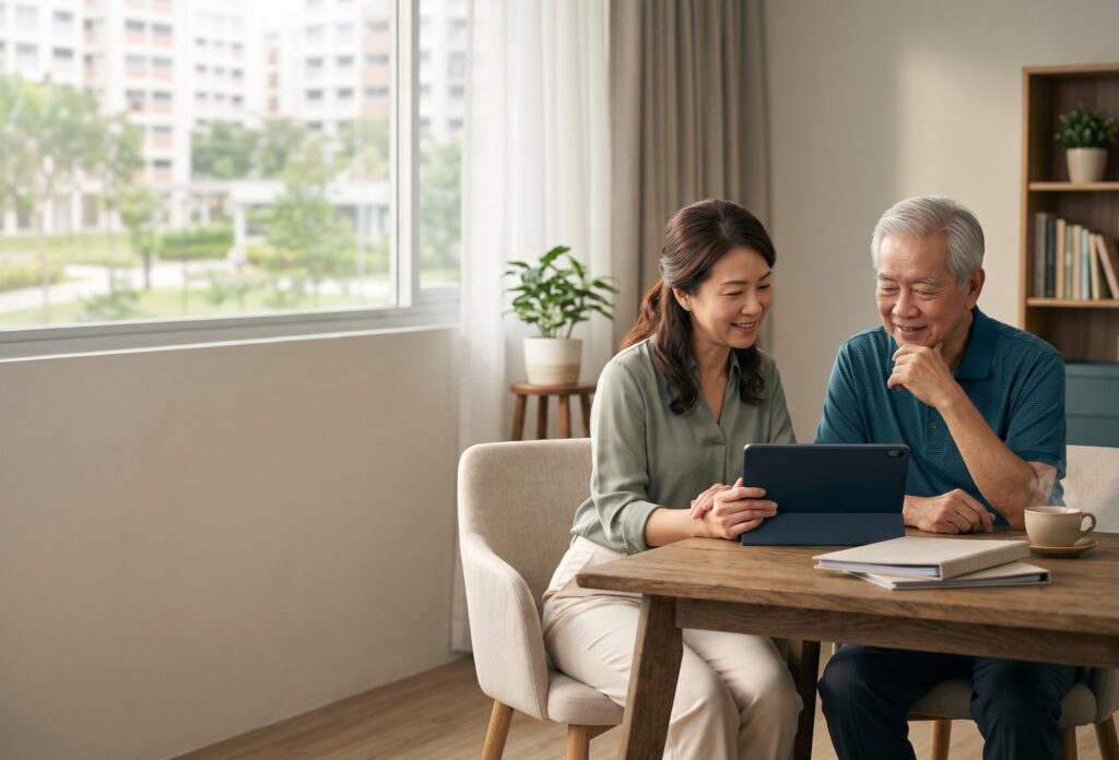 An adult daughter and her father planning care together at home