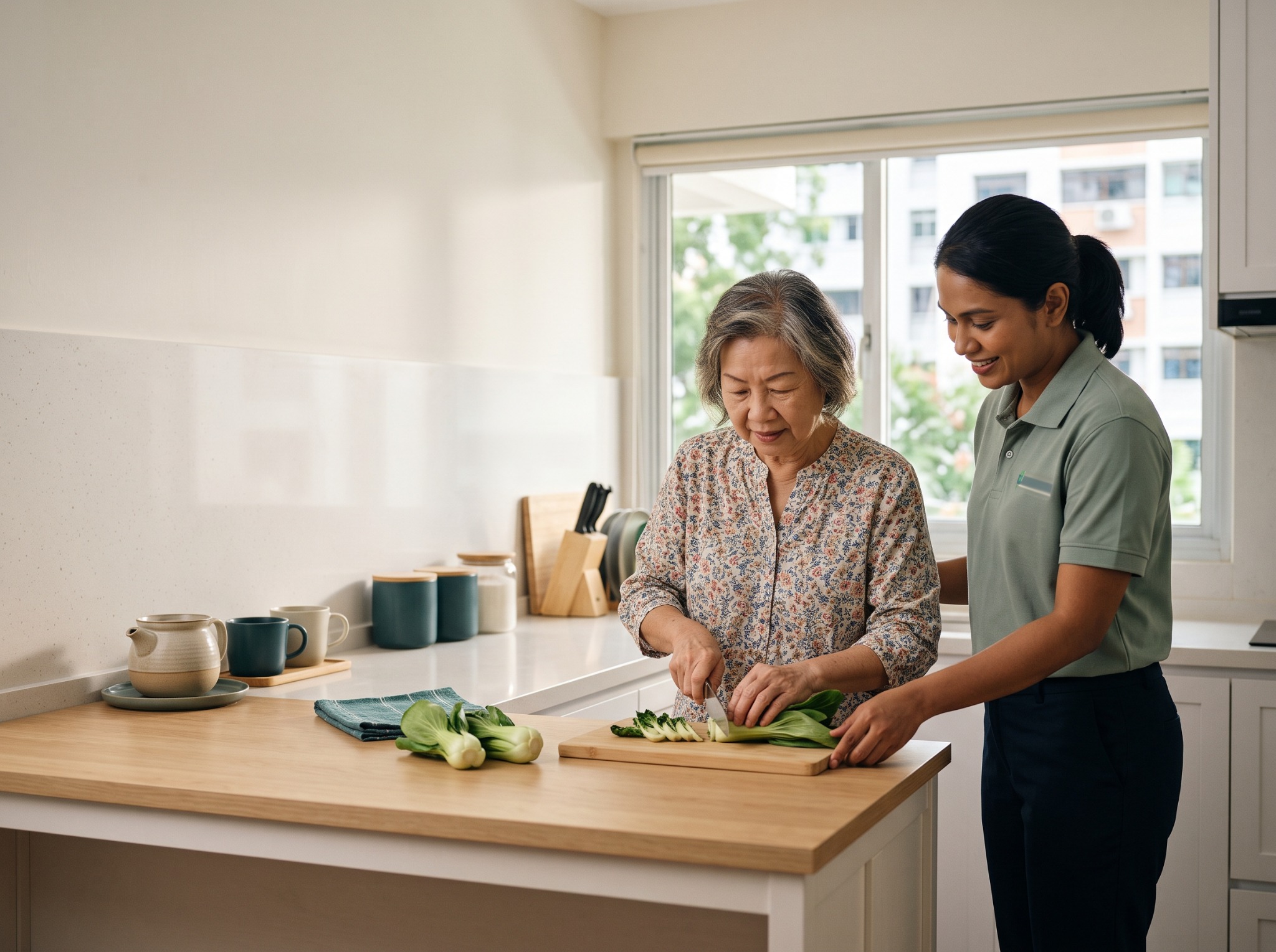 A Chinese grandmother walking with a frame at home, a nurse beside her