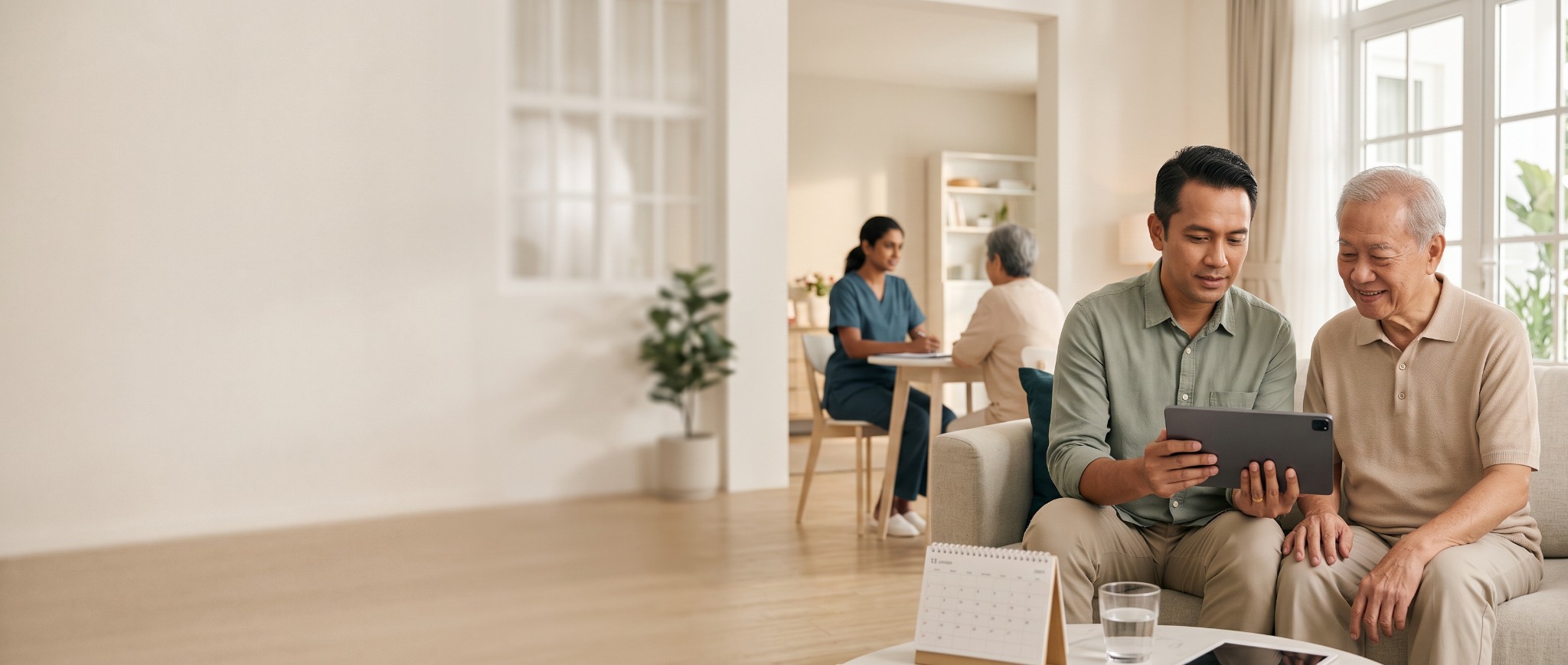 An adult child and elderly parent discussing care choices together