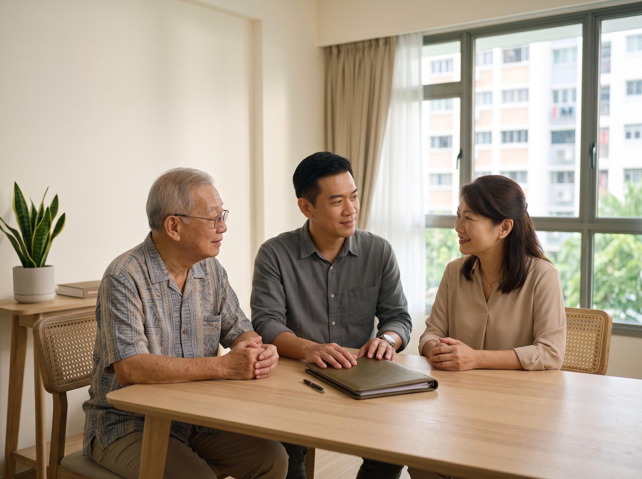 A family talking calmly around a dining table