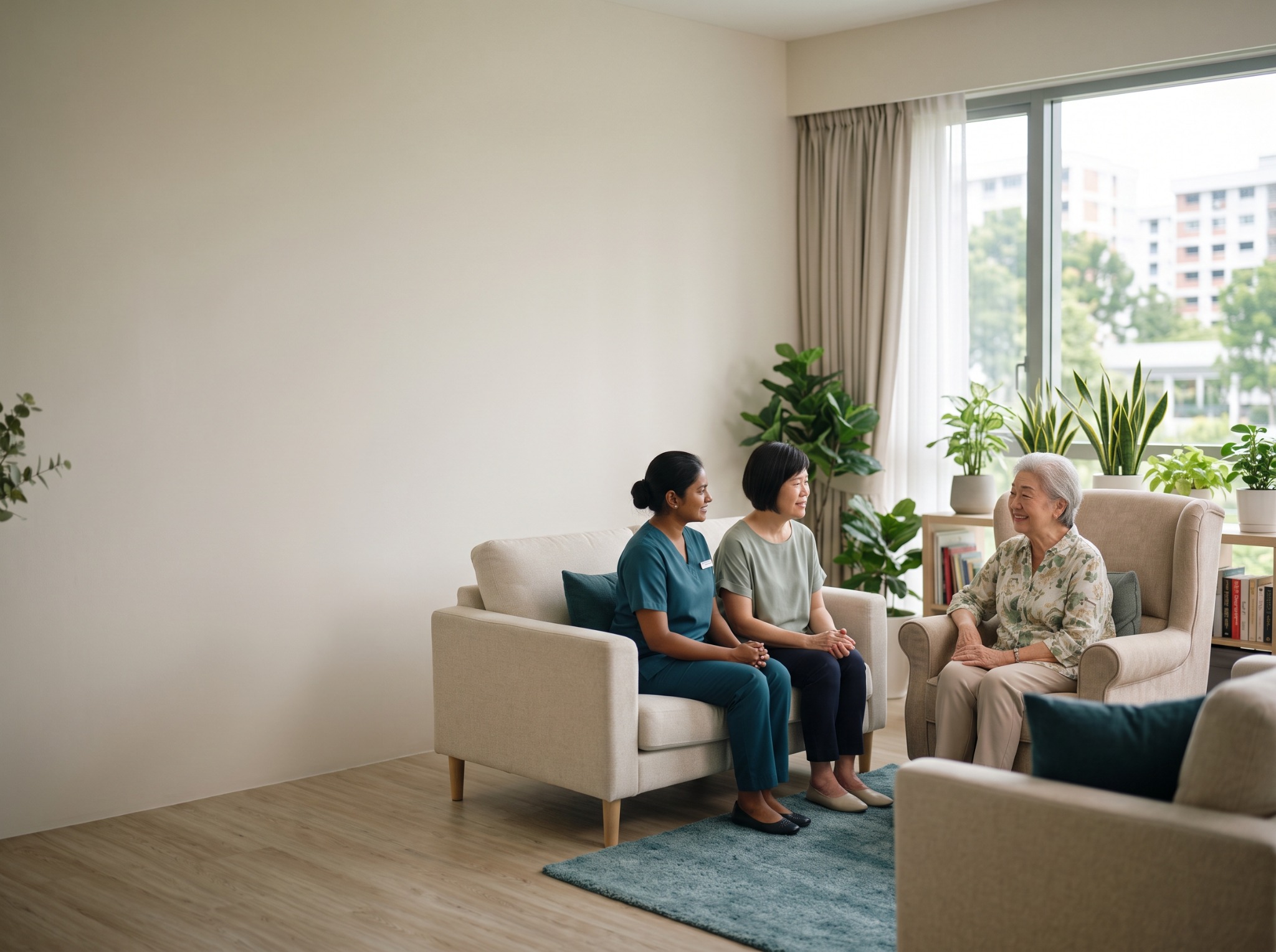 An Indian Singaporean grandmother and her daughter in a bright care home lounge