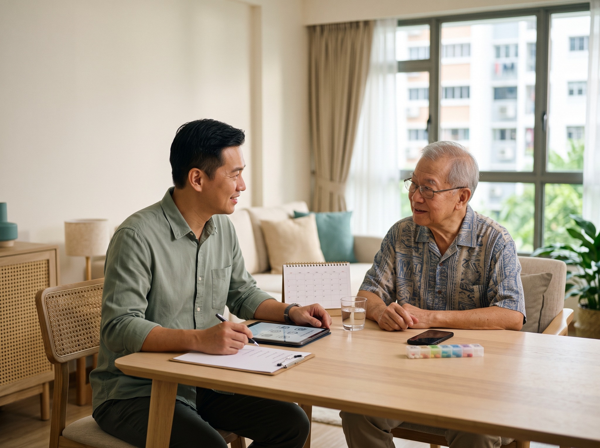 A tidy table with a tablet, checklist and reading glasses