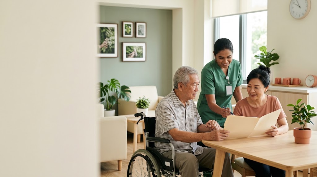 Older father in a wheelchair and his adult daughter going through discharge papers with a nurse before leaving hospital
