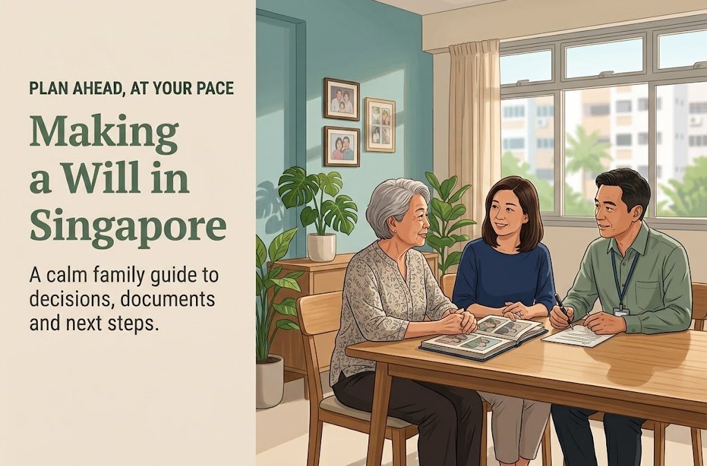 Older woman discussing her will with her adult daughter and a lawyer at a dining table in an HDB flat