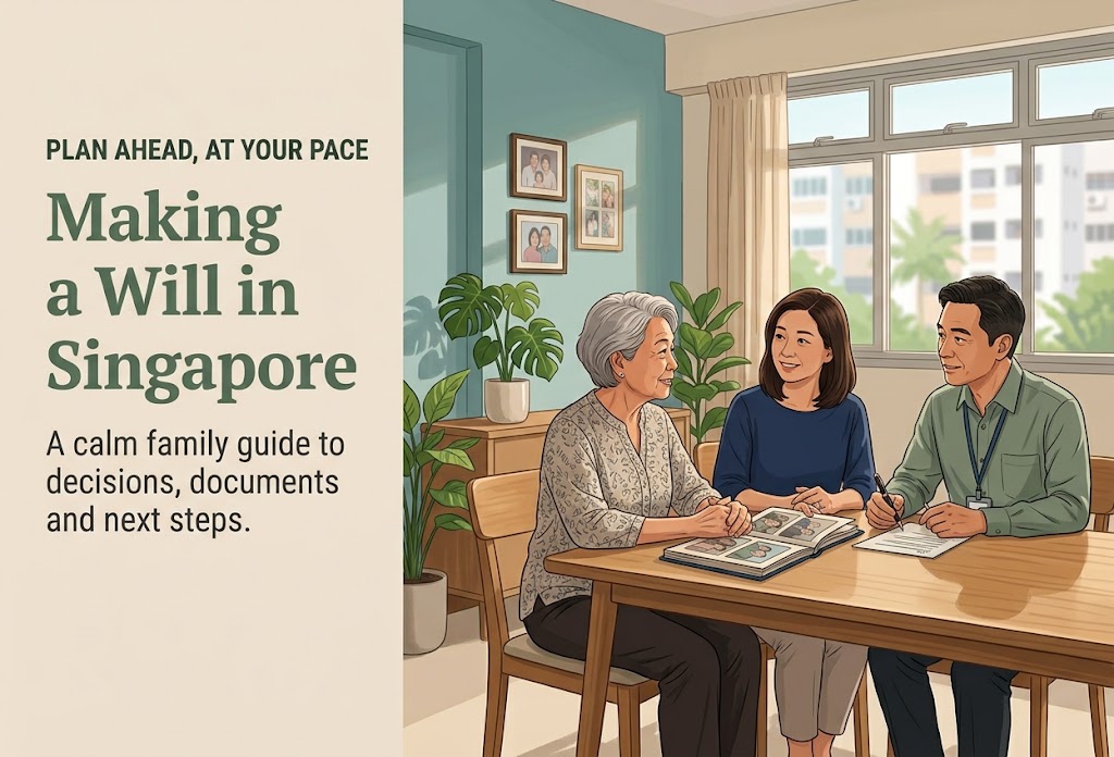 Older woman discussing her will with her adult daughter and a lawyer at a dining table in an HDB flat
