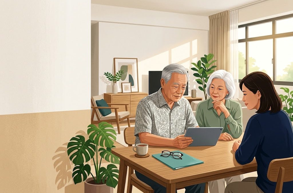 Older couple reviewing CPF information on a tablet with their adult daughter at the dining table