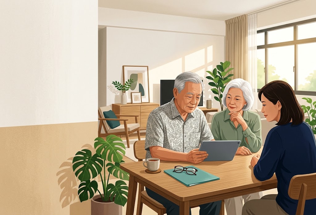 Older couple reviewing CPF information on a tablet with their adult daughter at the dining table