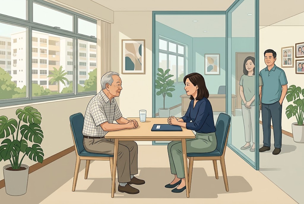 Older man speaking privately with an adviser while his adult children wait outside the meeting room
