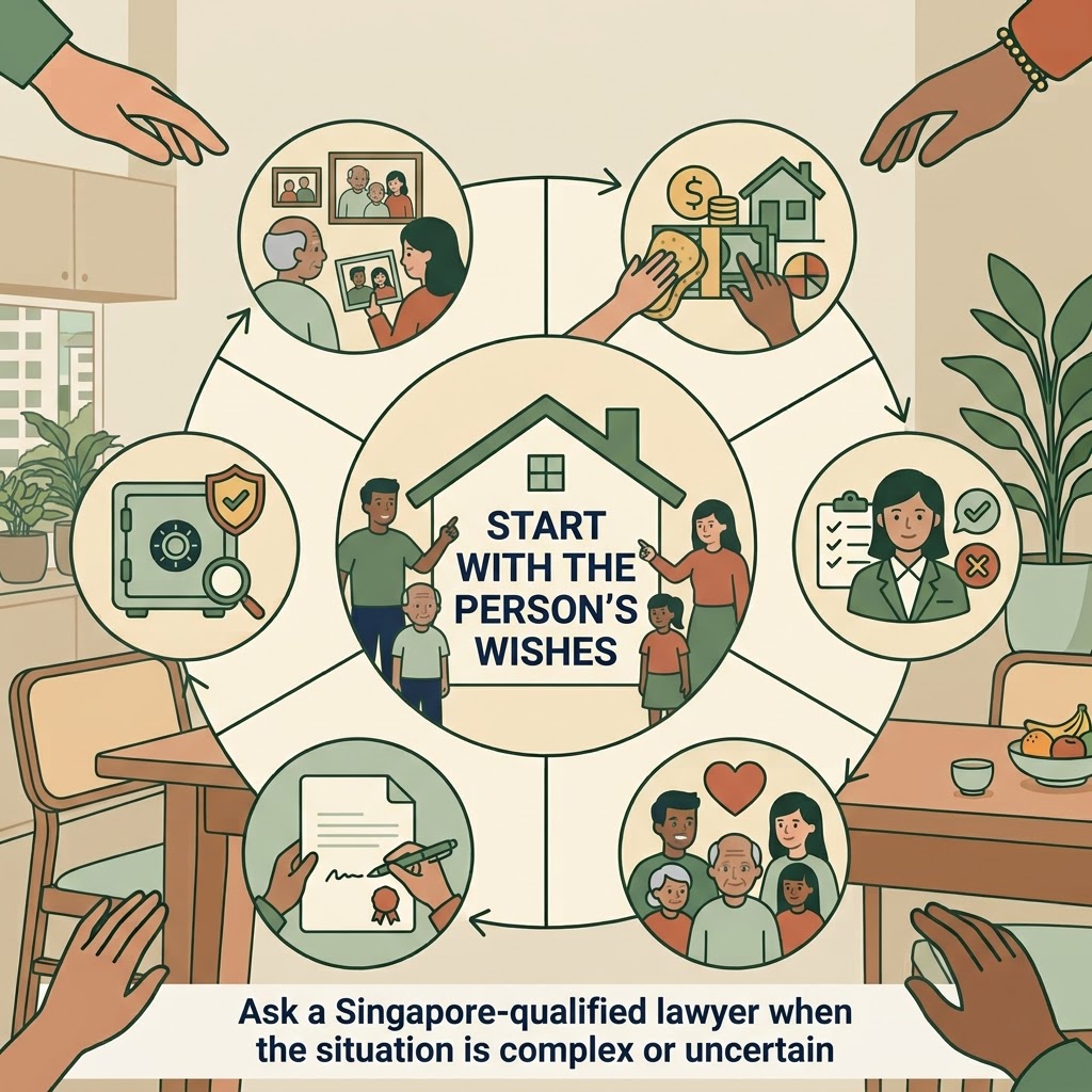 Will-planning checklist illustration: start with the person’s wishes, then consider people, assets, executor, beneficiaries, signing and secure storage