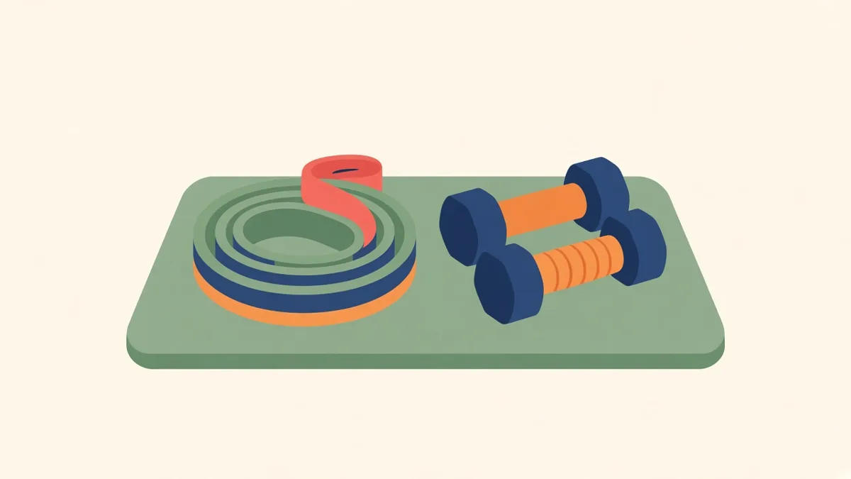 Illustration: a resistance band and small hand weights on a mat, for strength training