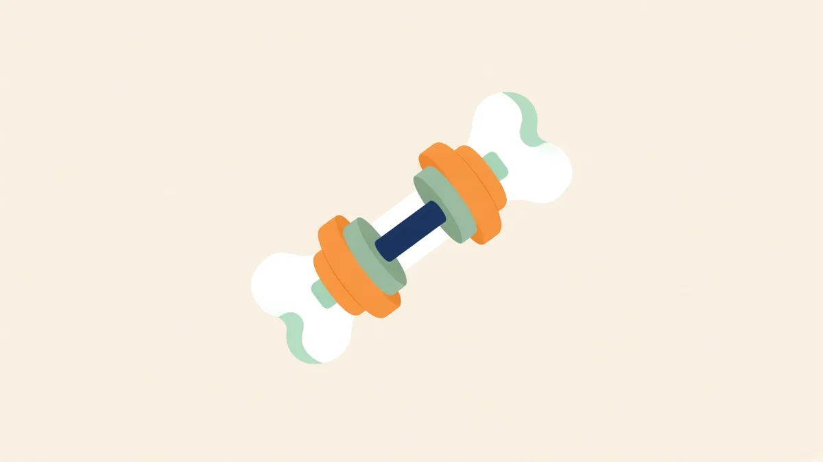Illustration: a bone with a dumbbell, for bone density and muscle screening