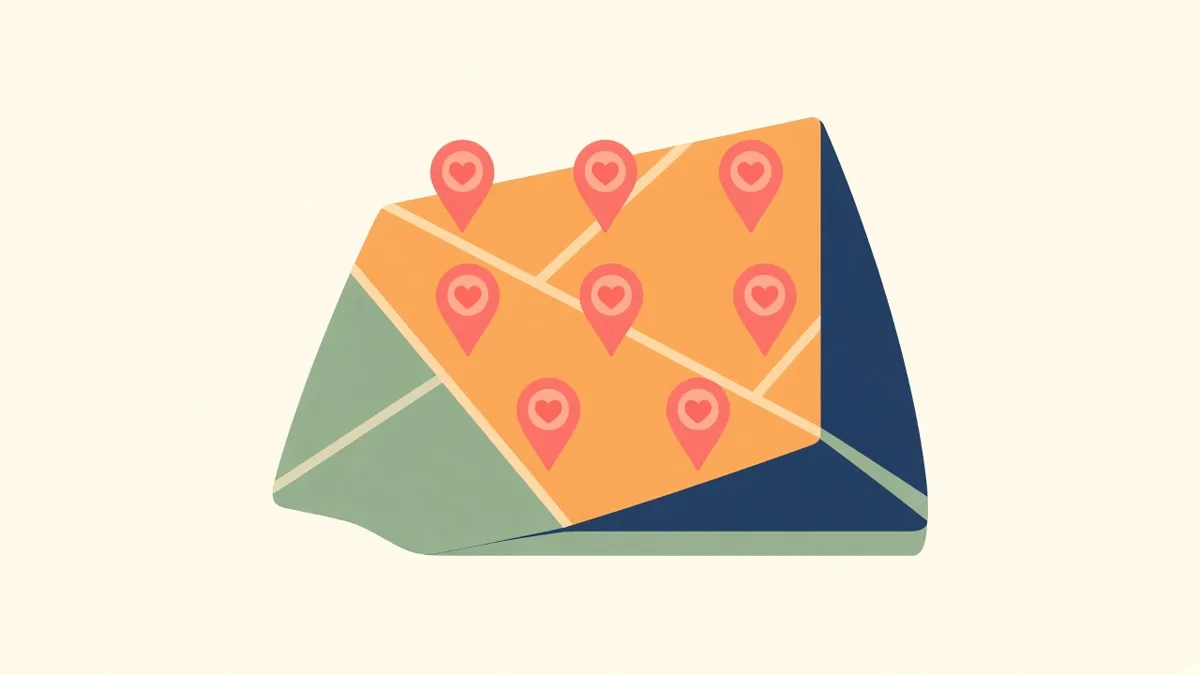 Illustration: a map with eight heart pins, for new caregiver support touchpoints