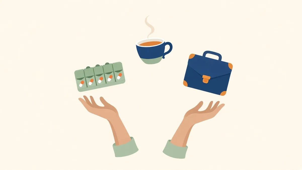 Illustration: hands juggling a pill box, teacup and briefcase, for overwhelmed caregivers