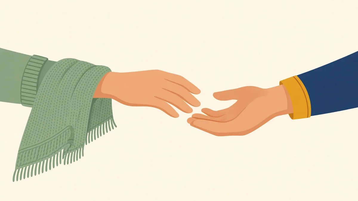 Illustration: one hand reaching for another offering help, for a caregiver asking for support