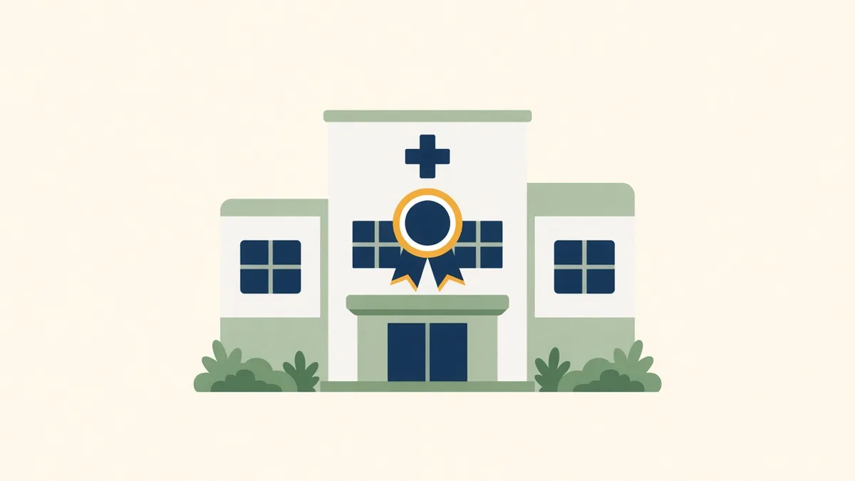 Illustration: a hospital building with an award rosette, for age-friendly care recognition