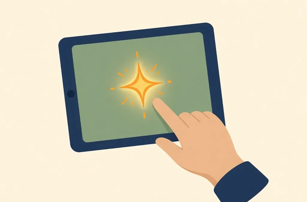 Illustration: a hand tapping a tablet with a glowing spark, for students helping seniors learn AI