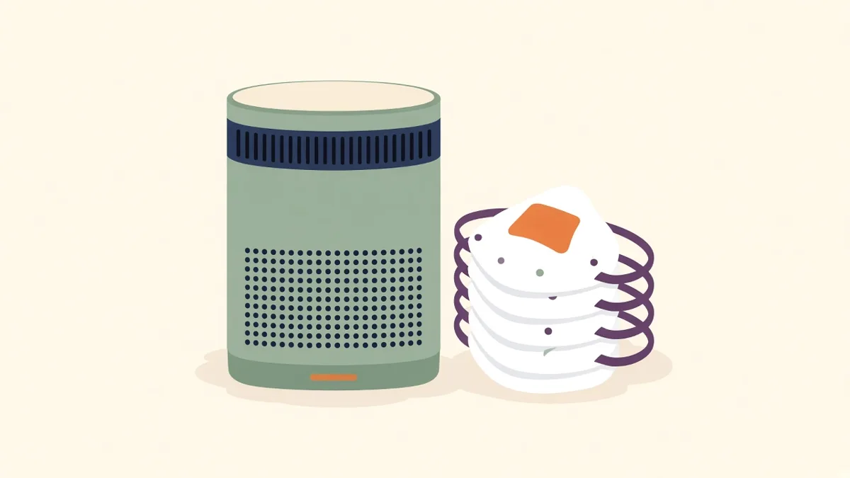 Illustration: an air purifier beside a stack of N95 masks, for haze relief for seniors