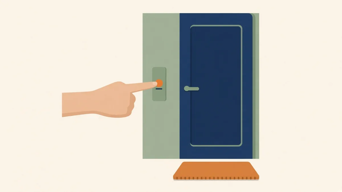 Illustration: a finger pressing a doorbell, for befrienders checking on isolated seniors
