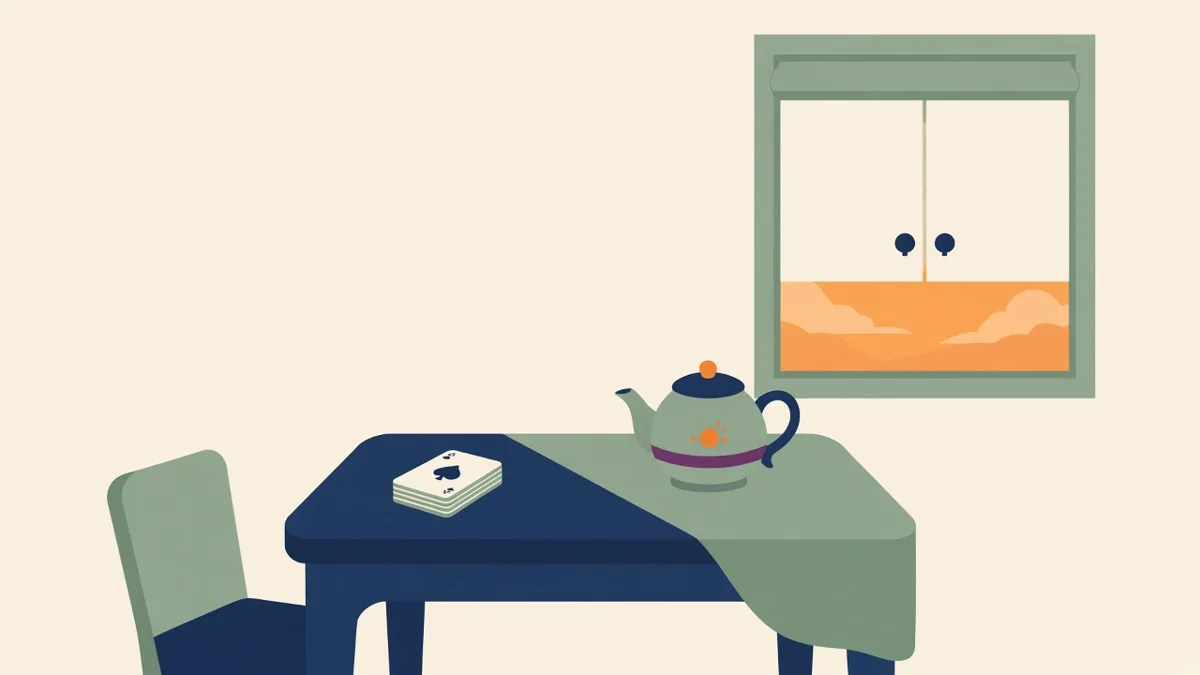 Illustration: a card table and teapot indoors with a hazy orange sky outside the window