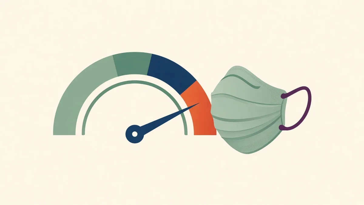 Illustration: an air-quality gauge pointing to the red zone beside an N95 mask