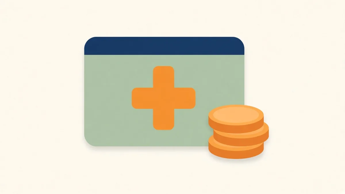 Illustration: a medical card with a cross beside stacked coins, for haze treatment subsidies