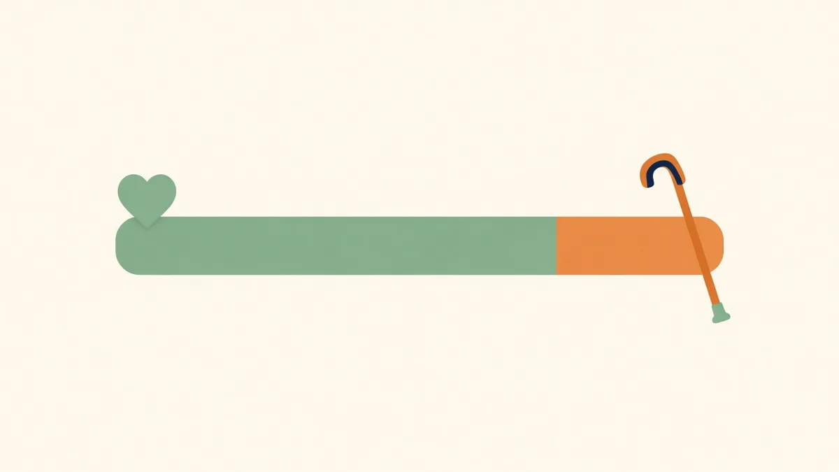Illustration: a lifespan bar with its last stretch in orange and a walking stick, for years in poor health