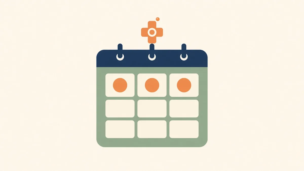 Illustration: a calendar with three days marked together under a medical cross, for grouped hospital appointments