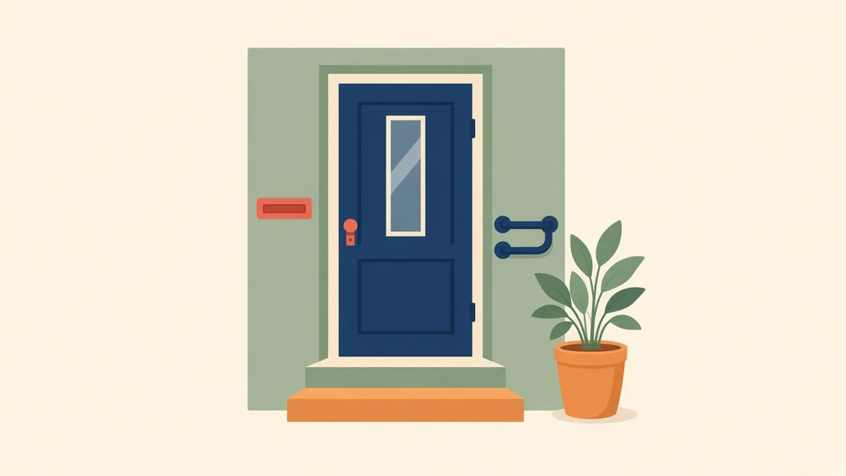 Illustration: a front door with a grab rail and potted plant, a senior-friendly home