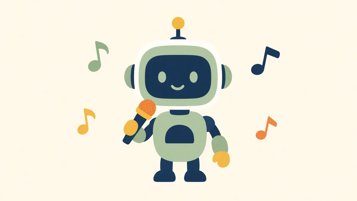 Illustration: a friendly robot singing into a microphone, for karaoke robots in a nursing home
