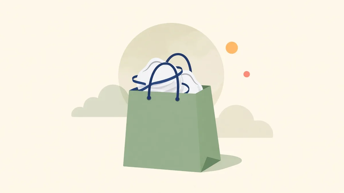 Illustration: a bag of N95 masks under a hazy sun, for early mask handouts to seniors