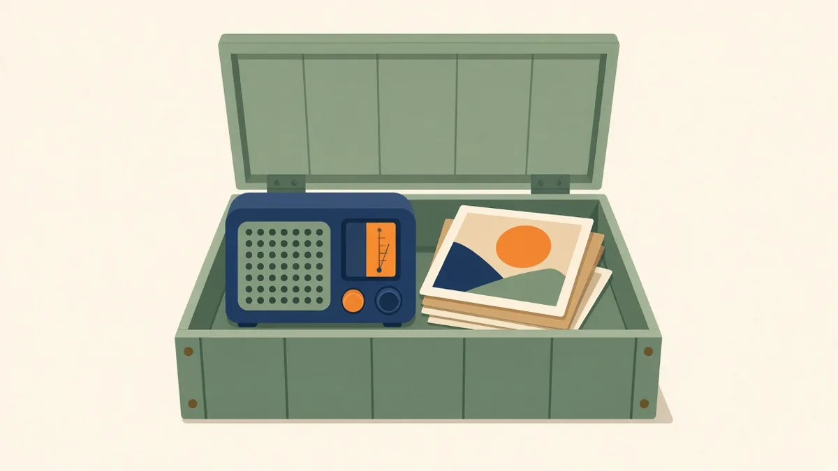Illustration: a memory box with a vintage radio and old photos, for reminiscence in dementia care