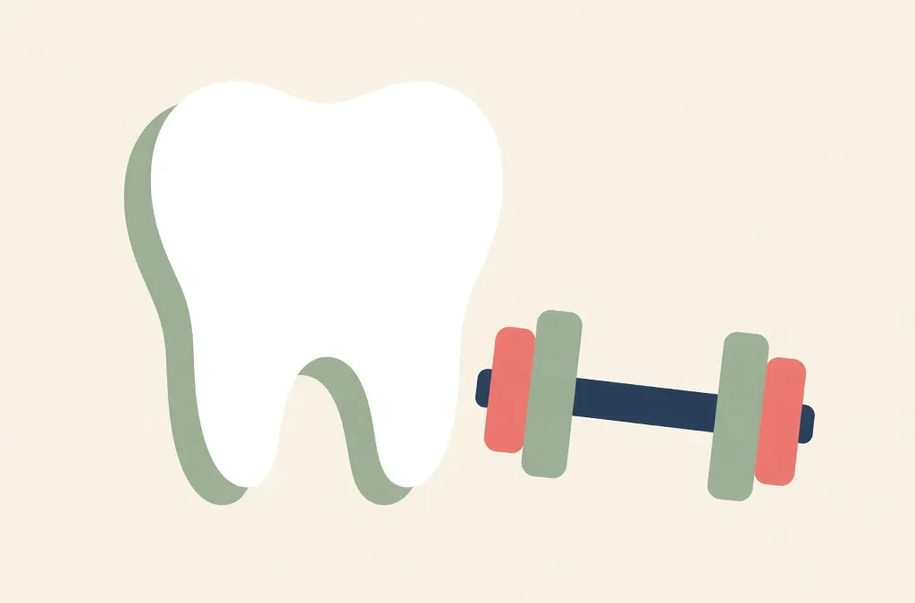Illustration: a tooth beside a dumbbell, for oral health and muscle loss in seniors