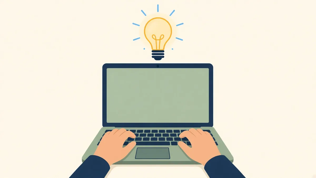 Illustration: hands typing on a laptop under a glowing lightbulb, for beginner AI courses