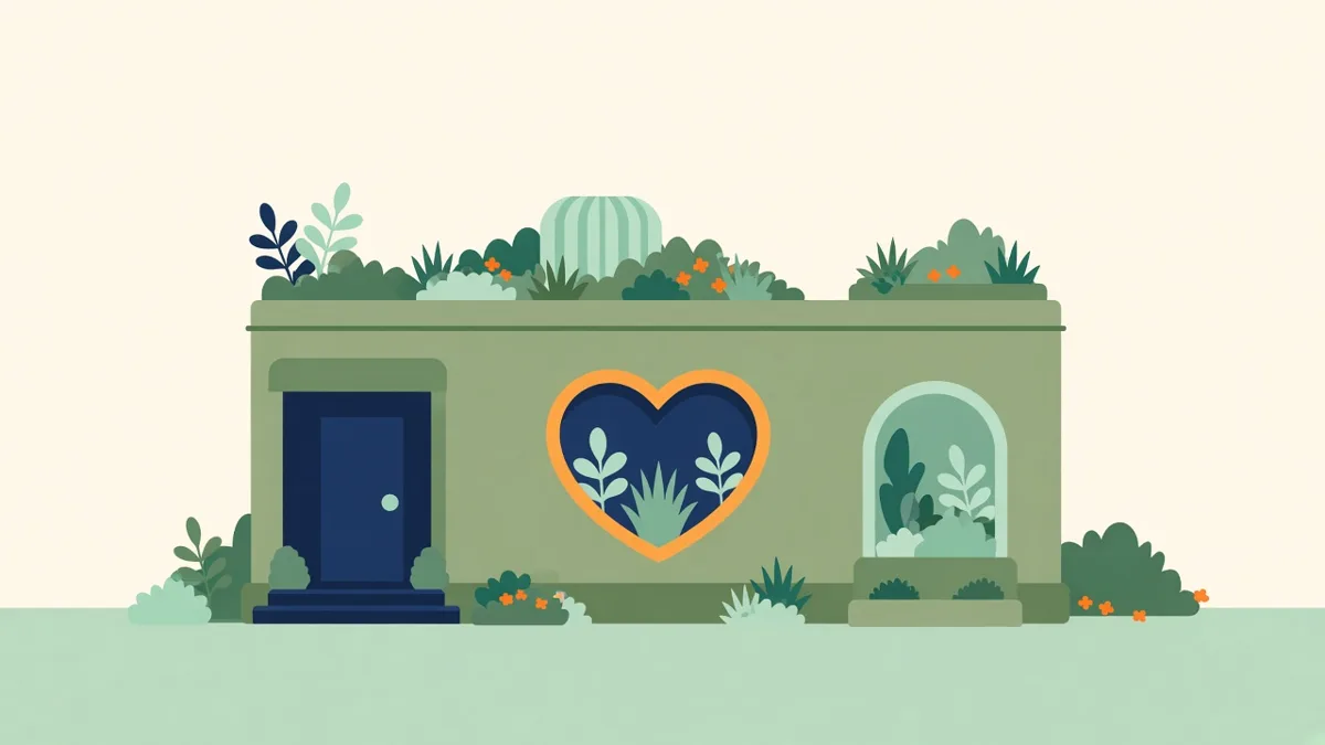 Illustration: a community care centre with a rooftop garden and heart-shaped window
