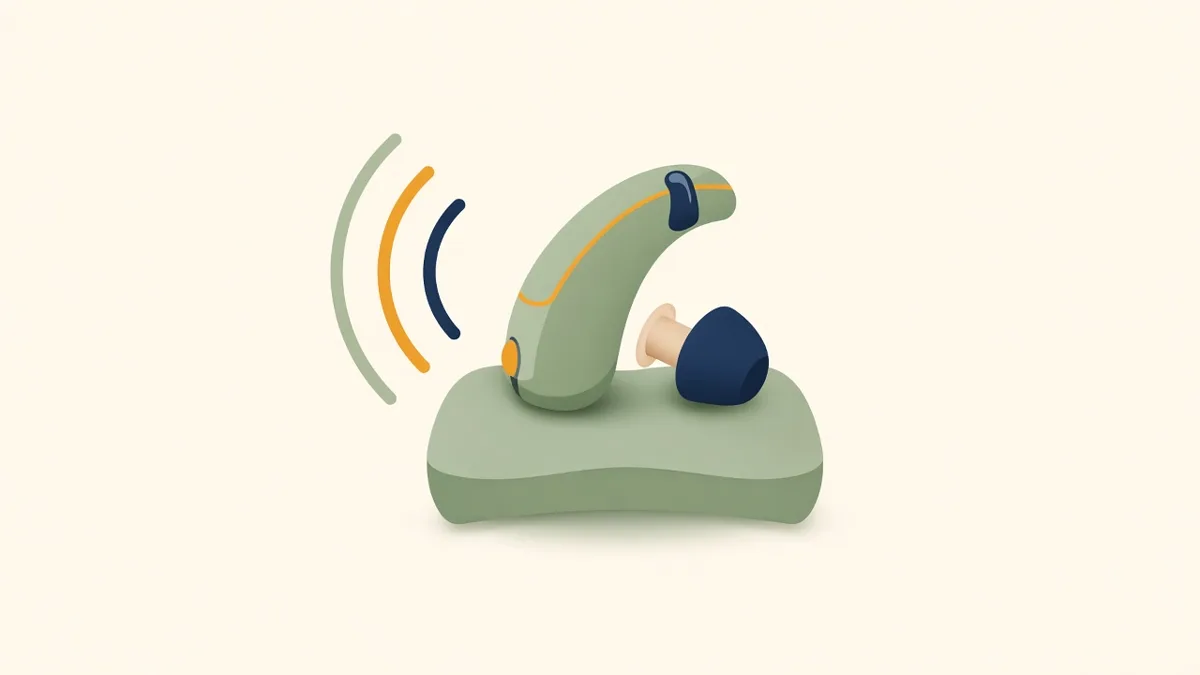 Illustration: a hearing aid on a cushion with sound waves, for hearing screening and subsidies