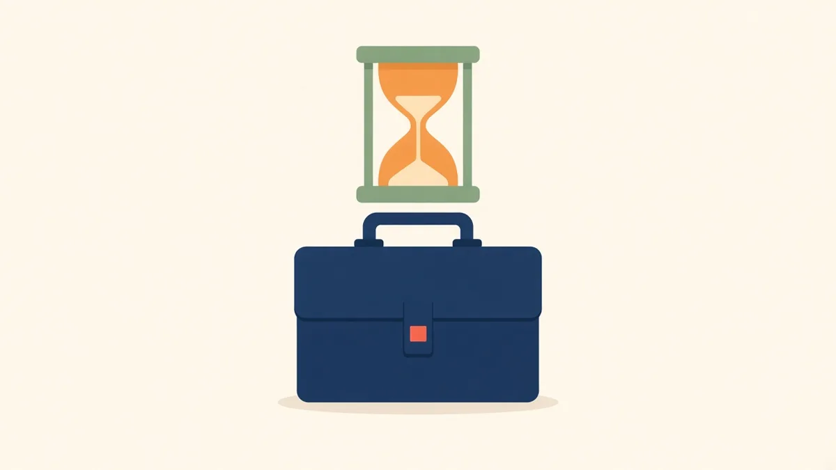 Illustration: a briefcase with an hourglass on top, for later retirement and re-employment ages