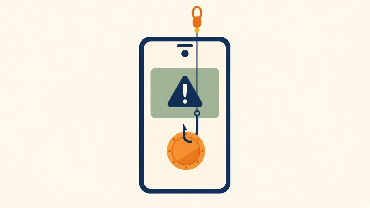 Illustration: a fishing hook pulling a coin from a smartphone, a scam warning