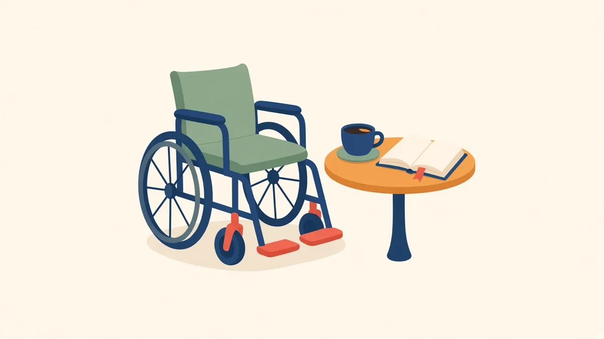 Illustration: a wheelchair beside a side table with coffee and an open book, for a son caring for his father