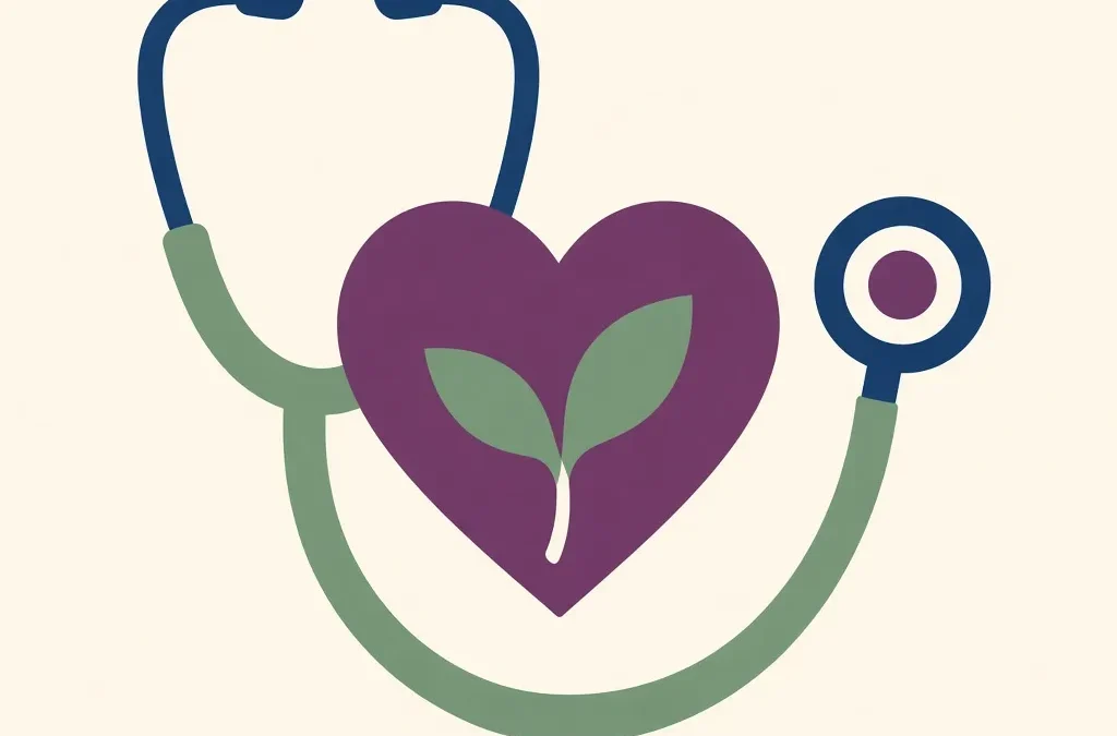 Illustration: a stethoscope around a heart with a sprout, for early palliative care through GPs
