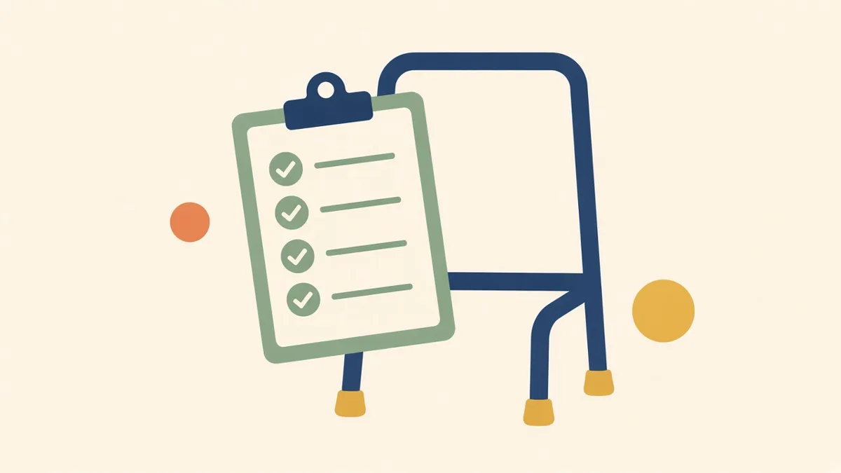Illustration: a checklist clipboard against a walking frame, for an audit of patient falls