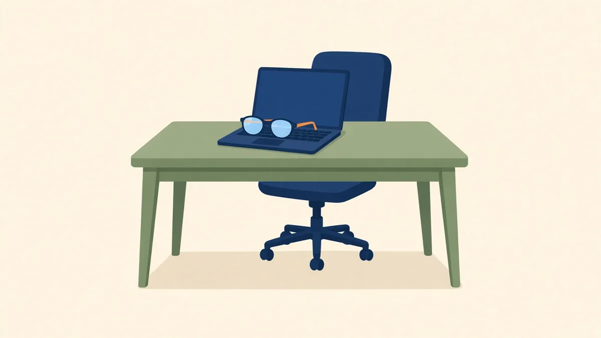 Illustration: an office desk with reading glasses on a laptop, for older workers