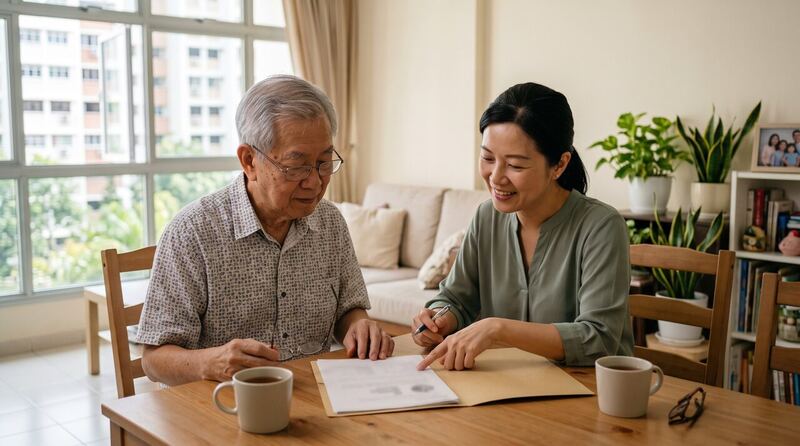 Family reviewing nursing home costs and care options in Singapore
